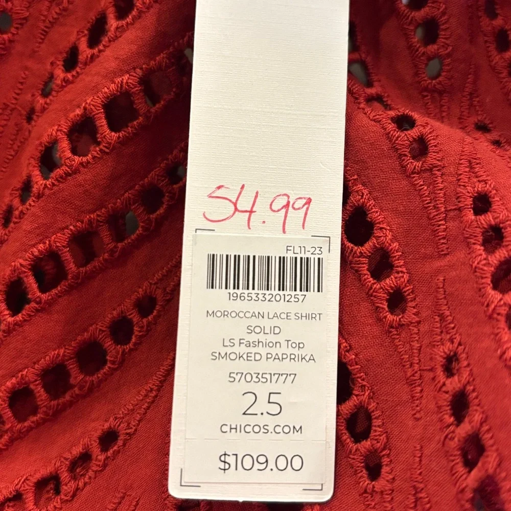 NWT Chico’s Moroccan lace shirt color smoked paprika size 14 (2.5) - Picture 7 of 7